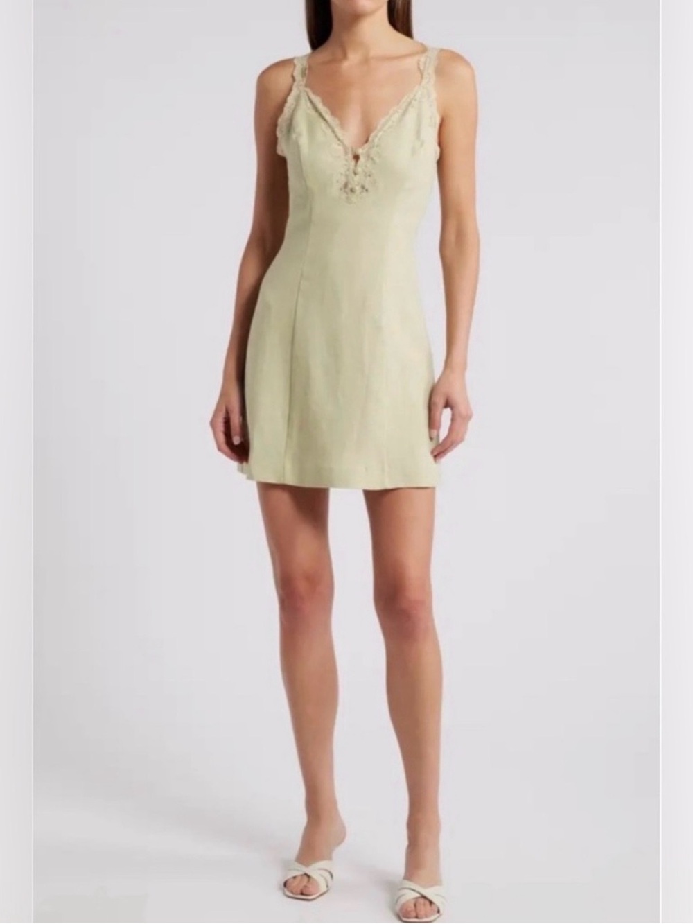 Reformation Kaya Linen Sage Green Lace-Trim Mini Dress